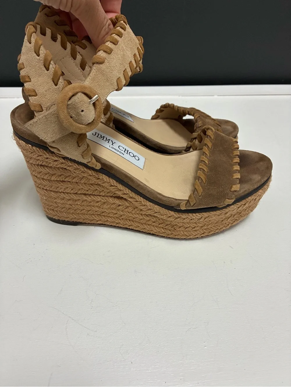 Jimmy Choo Tan Suede Wedge Sandals